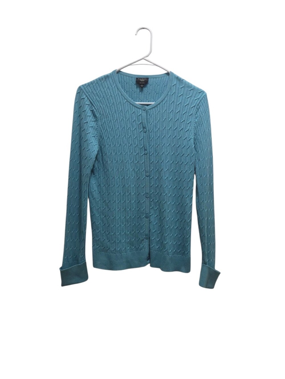 Talbots Petites Large Pima Cotton Teal Cable Knit Cardigan Sweater Button Front